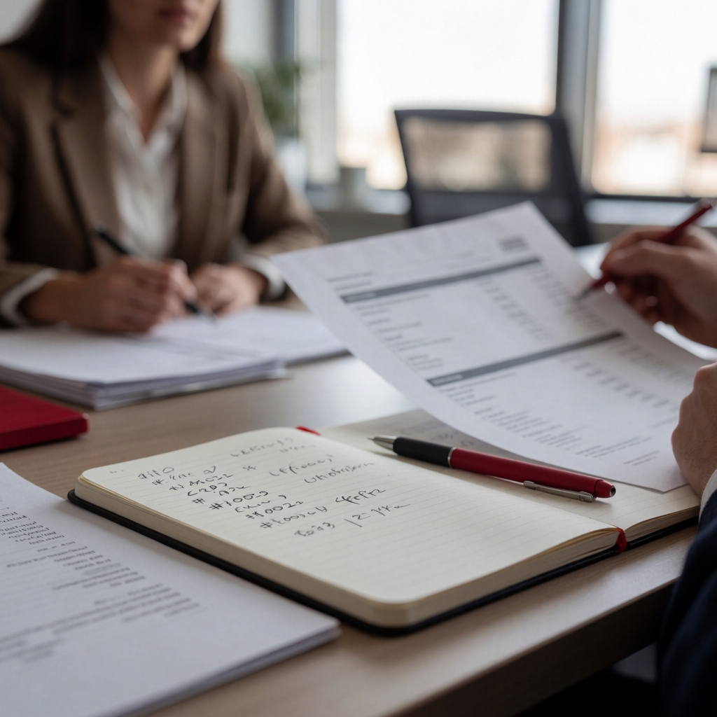 A notebook with accounting notes and pen on an office desk, with blurred financial documents in the background under natural light.