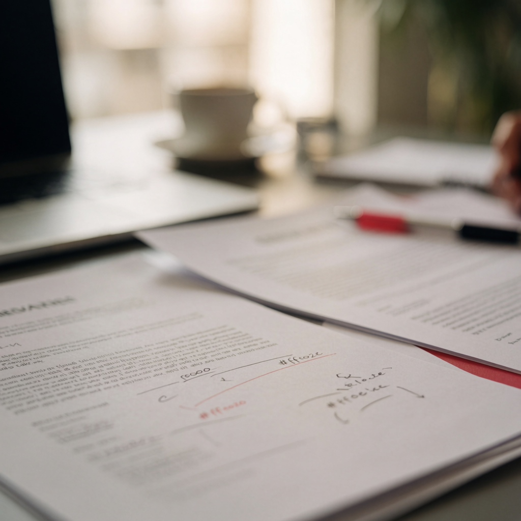 Printed financial documents and contracts on a desk with a pen and coffee cup, photographed in natural light with shallow depth of field.