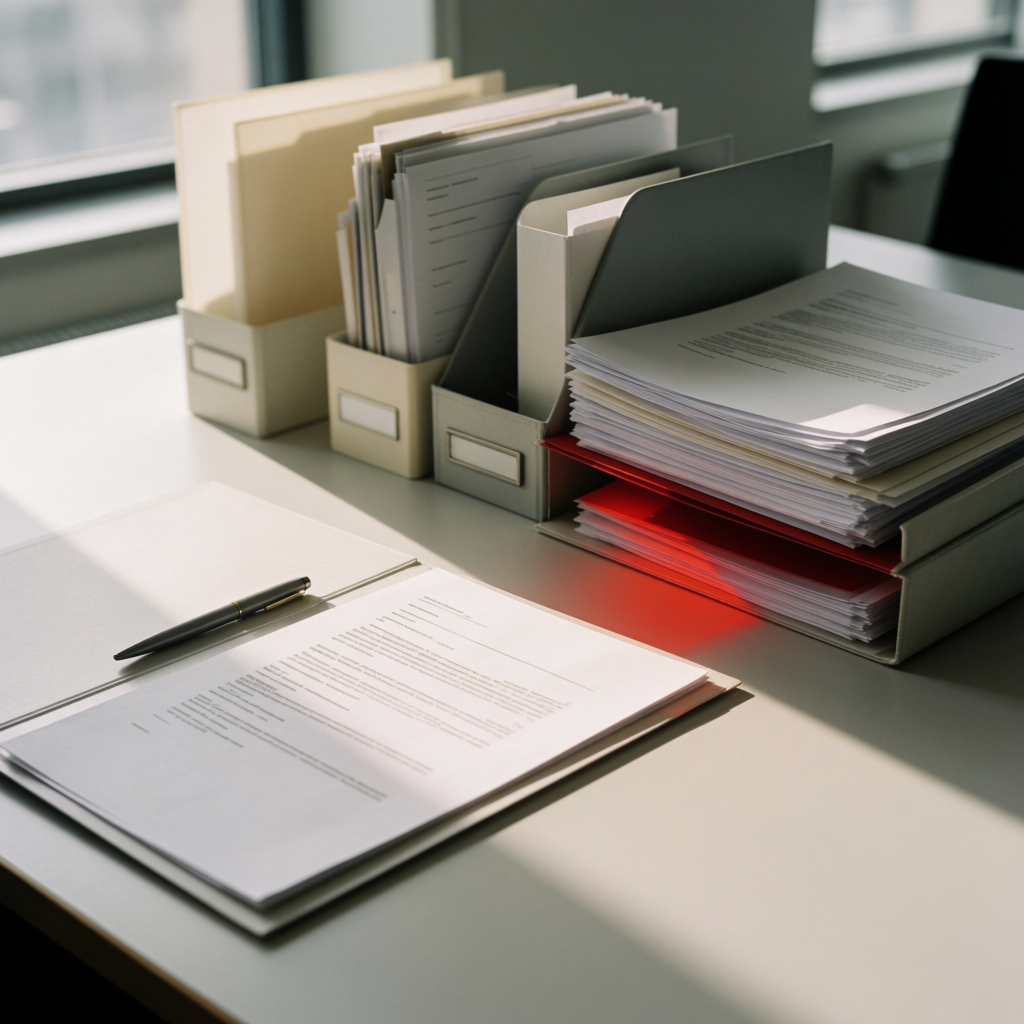 Organized desk with documents and files in soft natural light, ready for payroll setup work.
