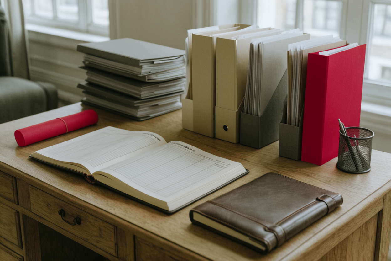 Organized accounting materials and ledgers on an office desk illuminated by natural light, suggesting systematic financial operations.