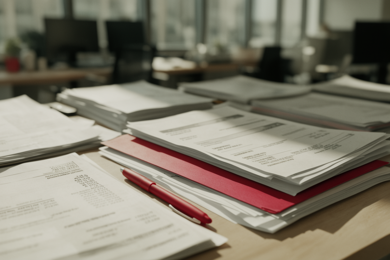 Organized invoices and financial documents arranged on an office desk with natural lighting and a red accent pen.