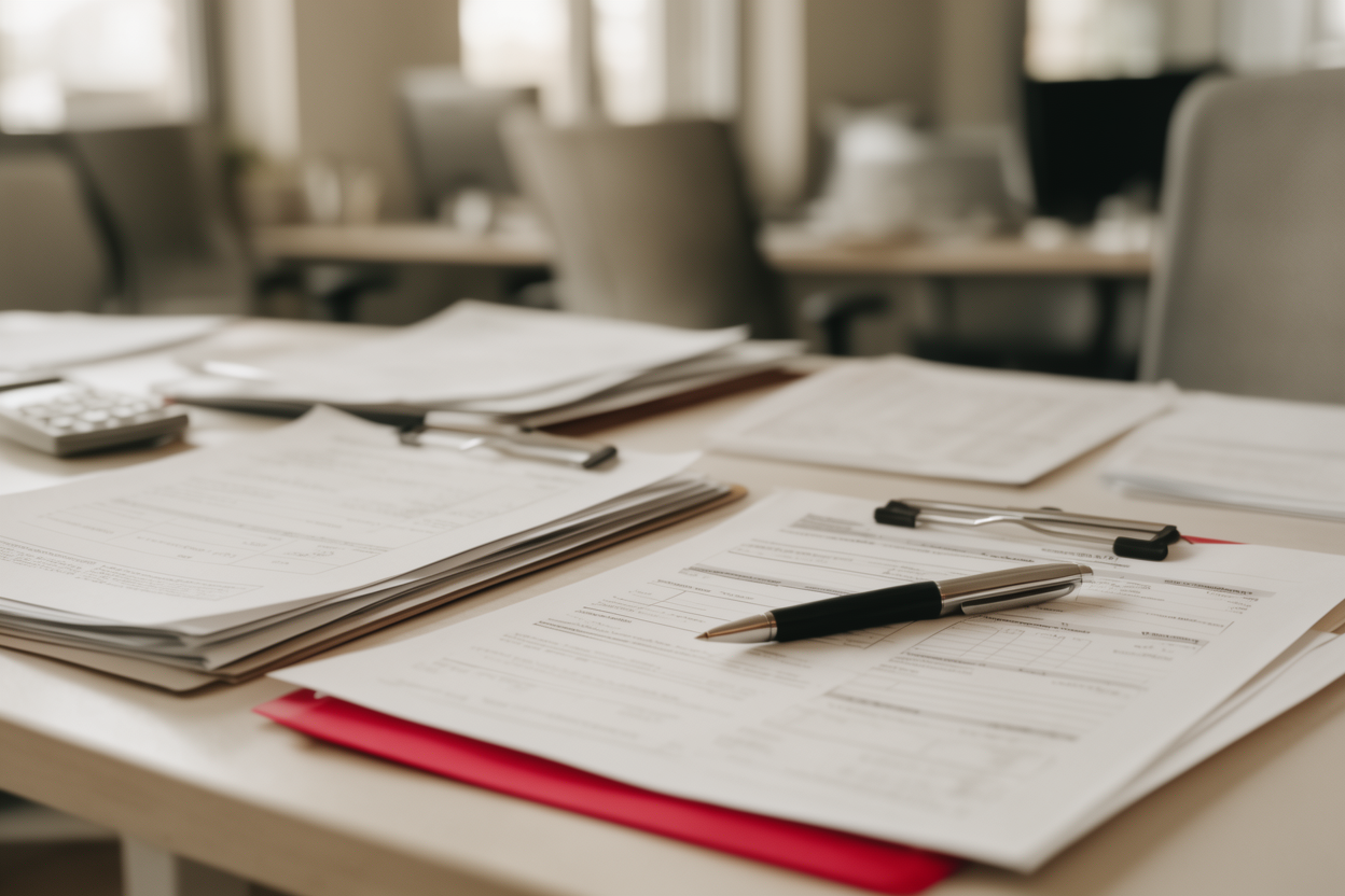 Organized payroll documentation and tax forms arranged on a desk in an office finance department, photographed in natural light.