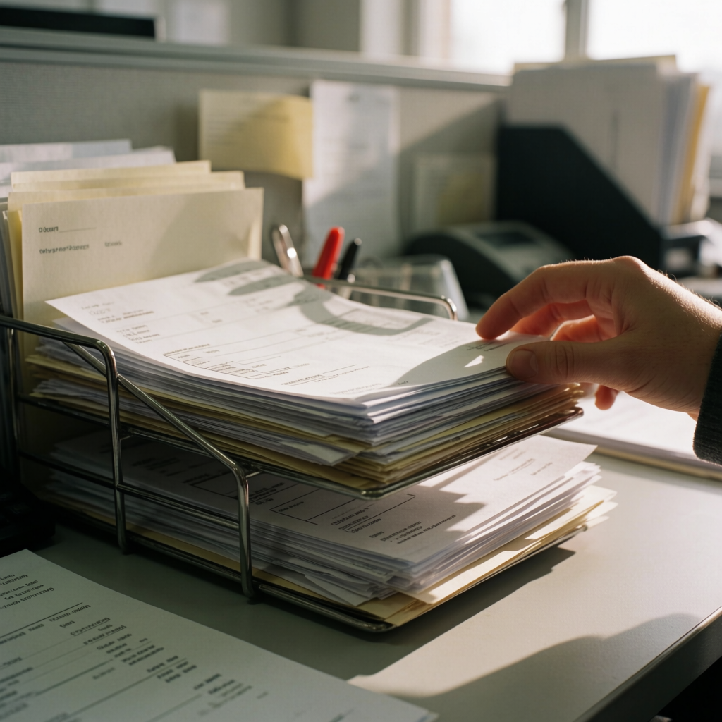 A hand organizes invoices and financial documents in a wire tray on an office desk, bathed in natural morning light.