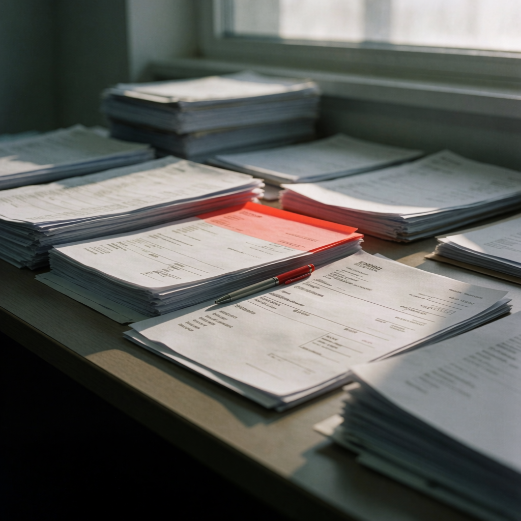 Organized stack of invoices and business documents on a desk in natural light, symbolizing accounts receivable processing and collections management.