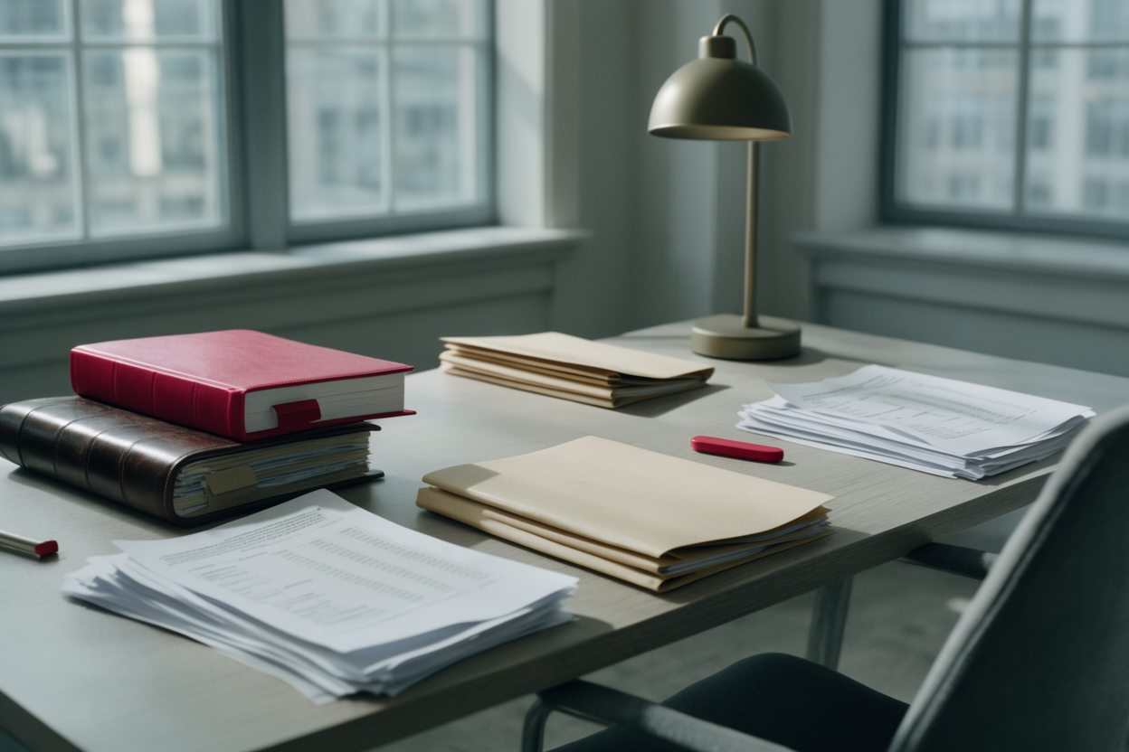 Organized accountant's desk with ledgers and financial documents lit by natural window light in a modern office setting.