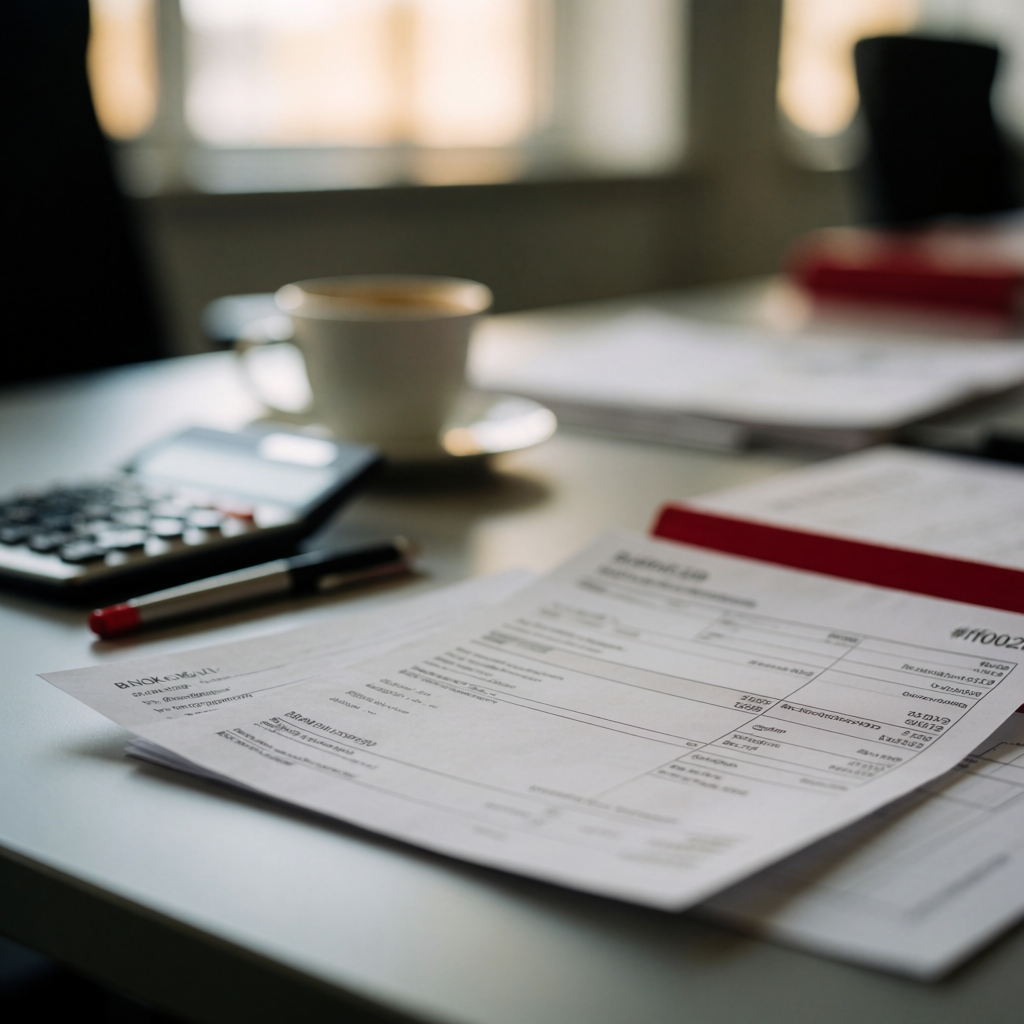 Bank statement and reconciliation paperwork on a desk with a calculator and pen in natural office light.
