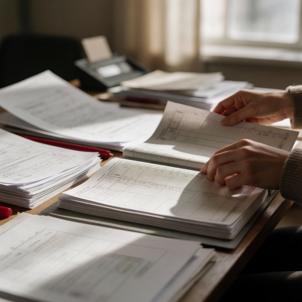 Hands organizing financial documents and ledgers on a desk in natural light, showing organized accounting work in a finance office.
