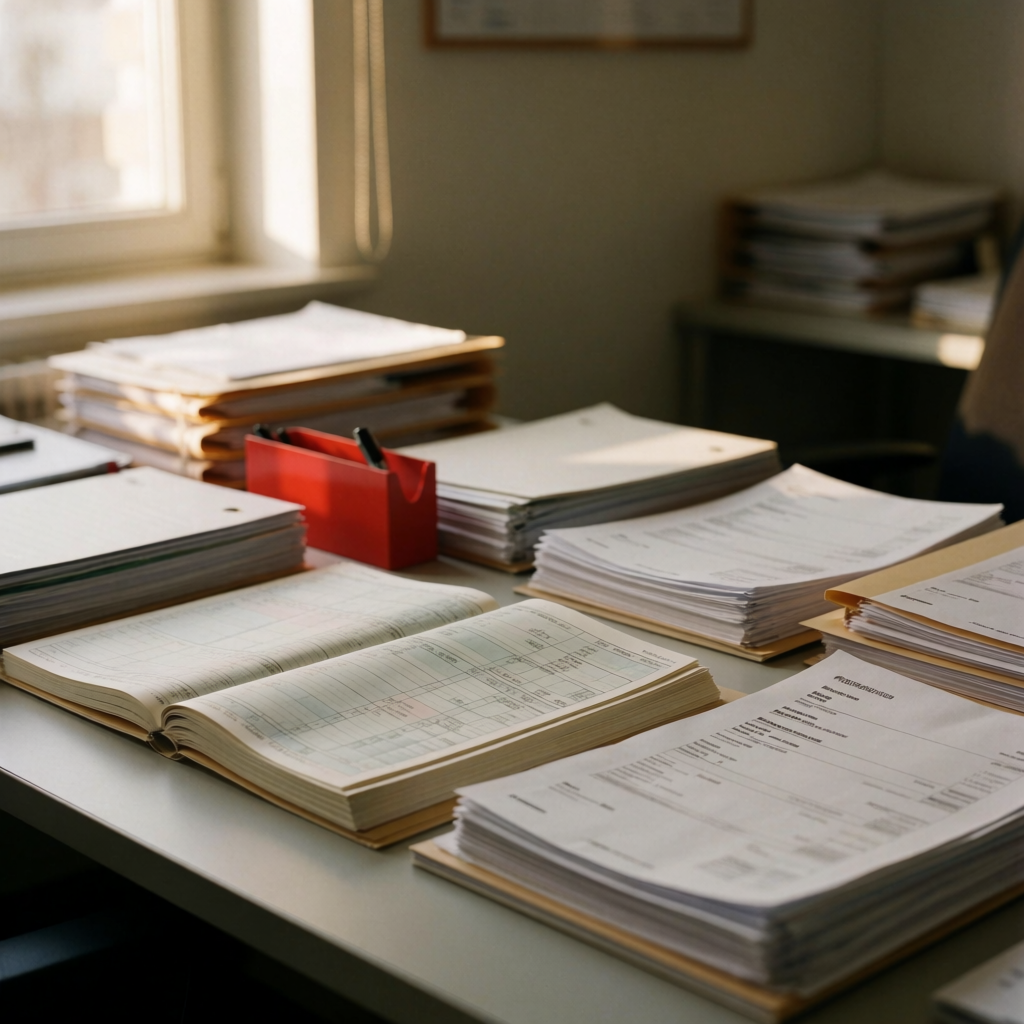 Organized accounting workspace with stacked financial documents, ledgers, and folders arranged on a desk in natural light.