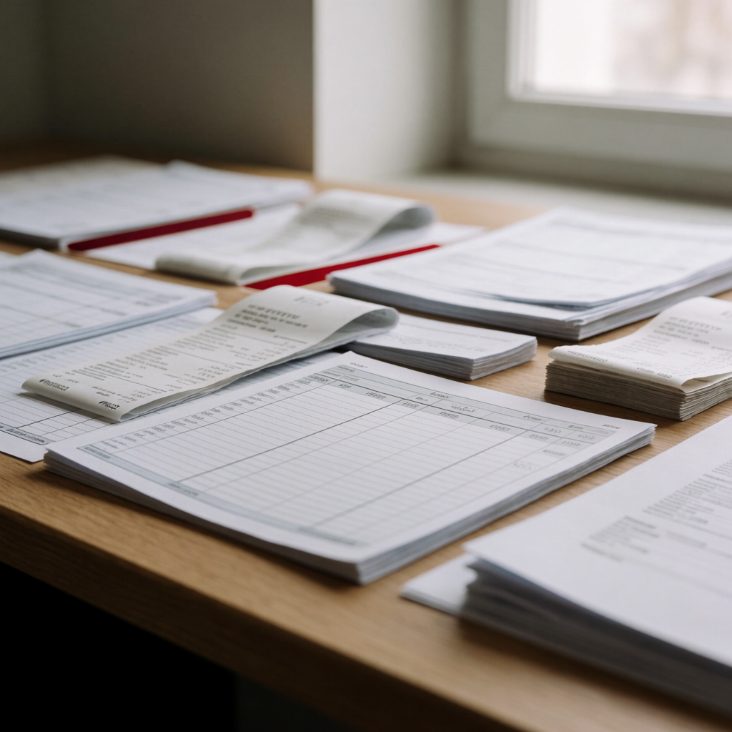 Organized accounting documents and ledgers arranged on a desk with natural light and shallow focus.