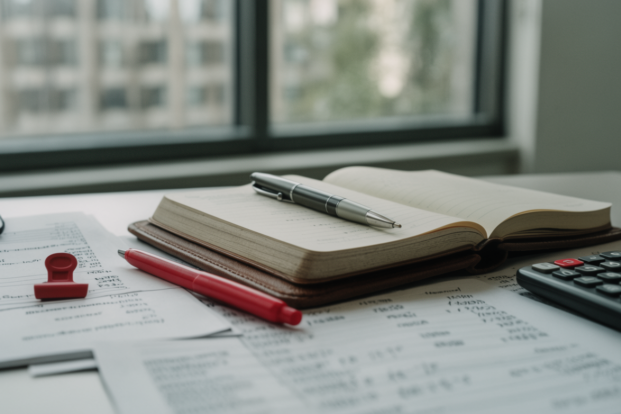 A finance department desk with journal, pen, calculator, and accounting documents in natural light.