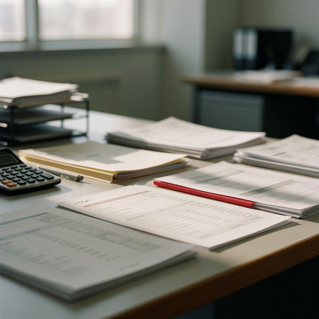 Organized financial documents and calculator on an office desk with natural light and muted tones.