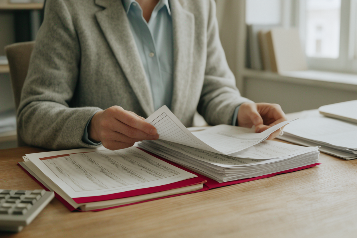 Organized accounting documents and ledgers arranged on a desk with natural window light and shallow depth of field.