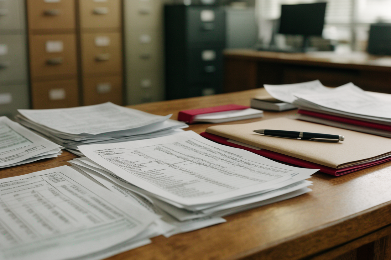A organized desk in a finance office with payroll documents and tax forms arranged under natural light.