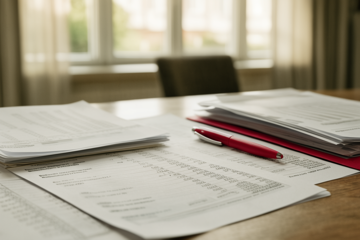 Bank statements and accounting documents arranged on a desk in natural light, suggesting financial reconciliation work.