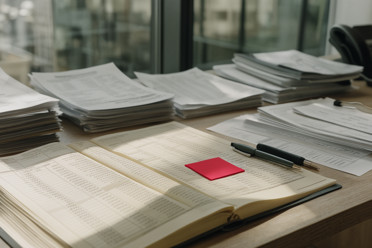 Organized financial documents and ledgers on a desk with natural lighting in an accounting workspace.