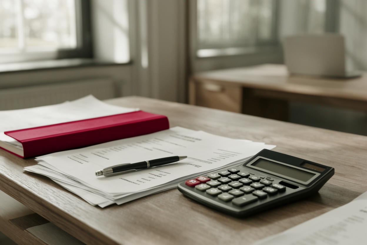 A focused workspace showing invoices, a calculator, and office supplies arranged on a desk with natural lighting and muted tones.