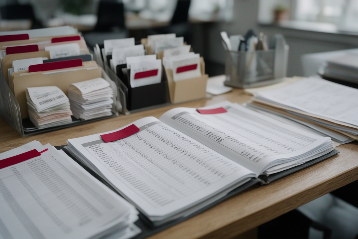 Organized accounting records and filing systems on a desk with natural soft lighting, suggesting structured financial order and reconciliation.