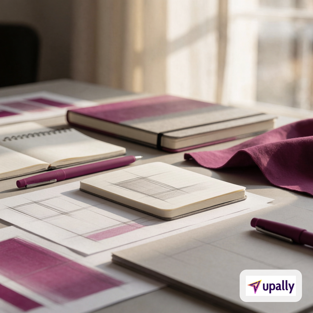 Organized design and planning materials arranged on a workspace with natural lighting and shallow depth of field.