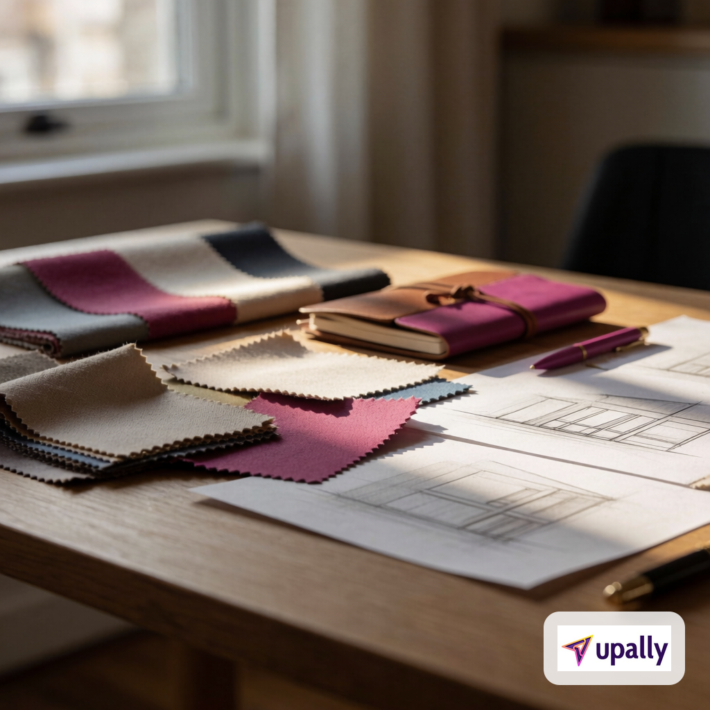 Design materials and sketches arranged on a wooden desk in natural light, suggesting strategic brand planning.
