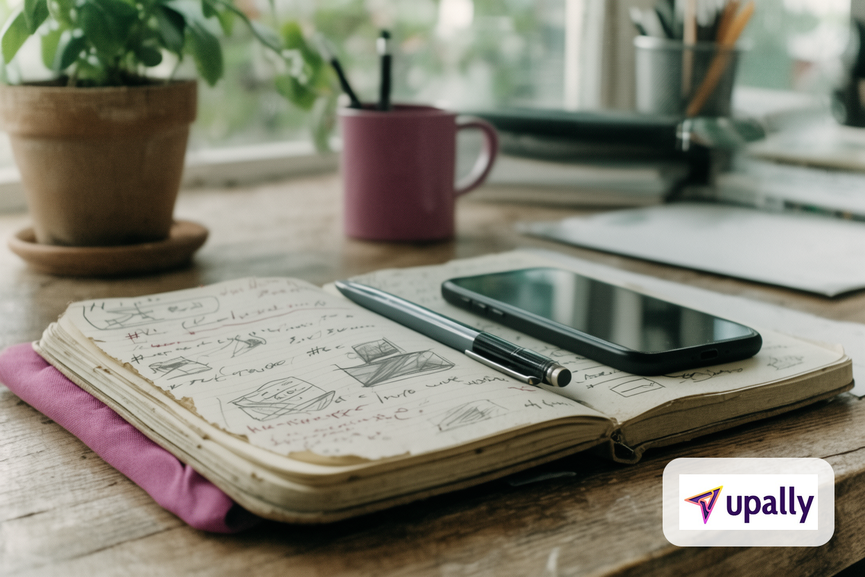 A notebook with handwritten notes, pen, and smartphone on a wooden desk in natural light, suggesting small business planning and digital strategy.