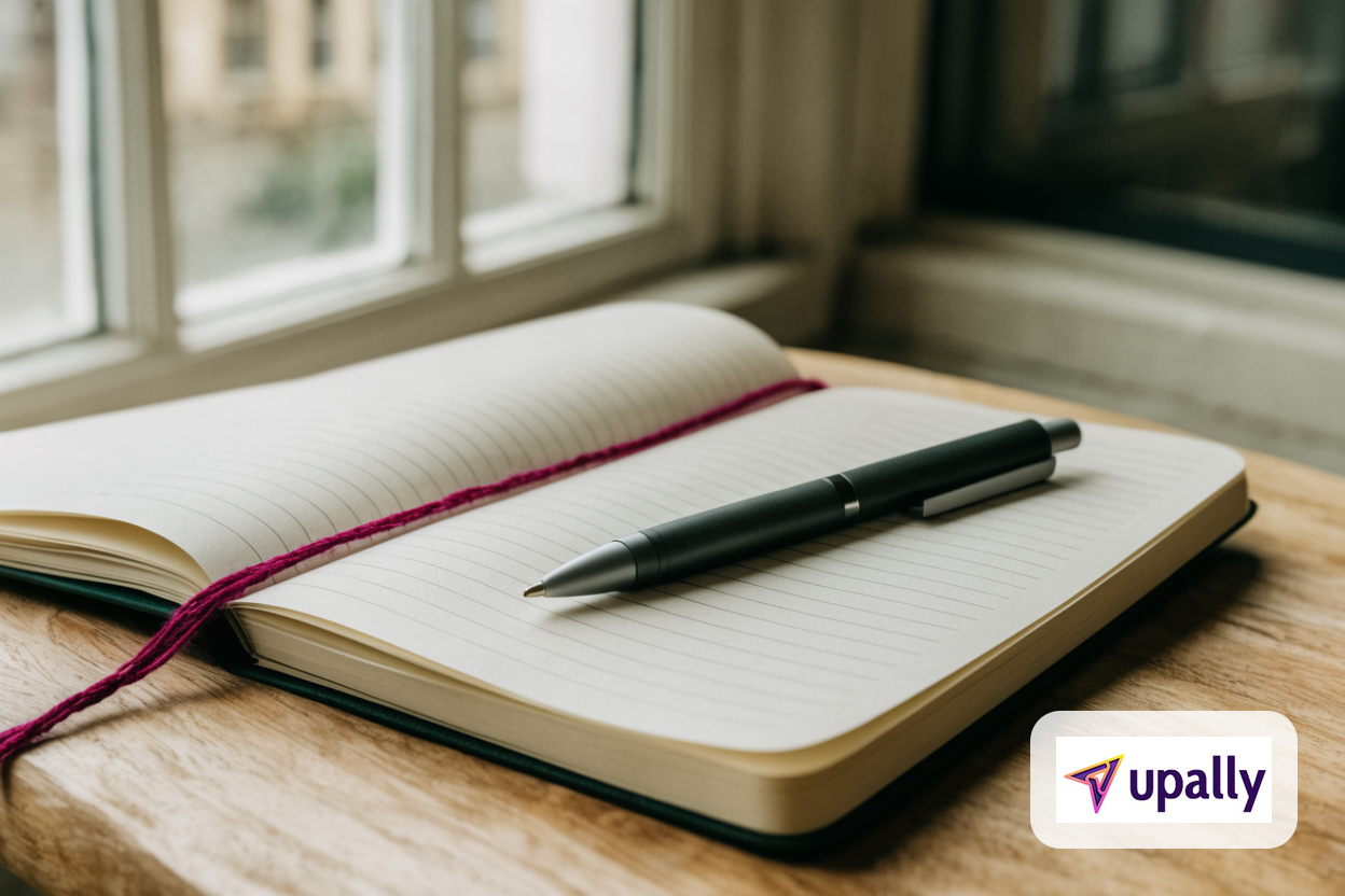 A notebook and pen on a wooden desk with natural light and muted color tones, suggesting strategic creative work.