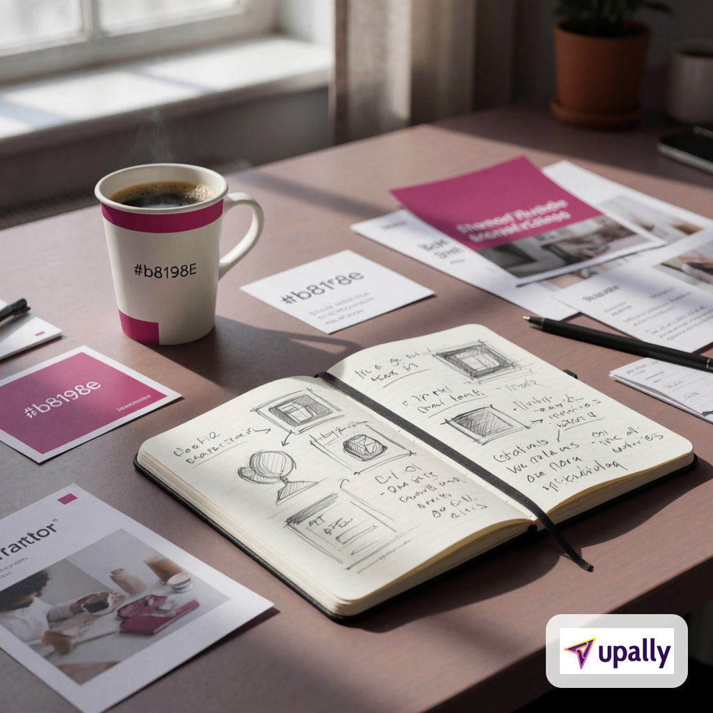 A small business workspace desk with handwritten notes, sketches, and a coffee cup lit by natural window light.
