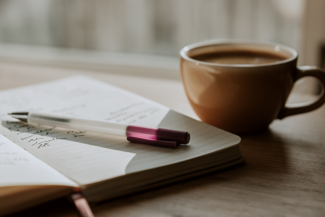A notebook with handwritten notes and pen beside a coffee cup on a desk in natural light.
