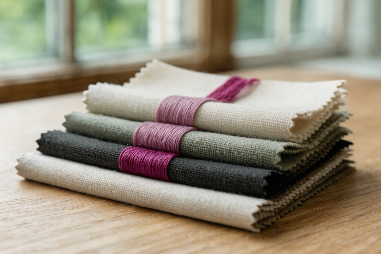 Layered brand material samples and fabric swatches arranged on wood in natural light, with muted tones and one accent colour thread.