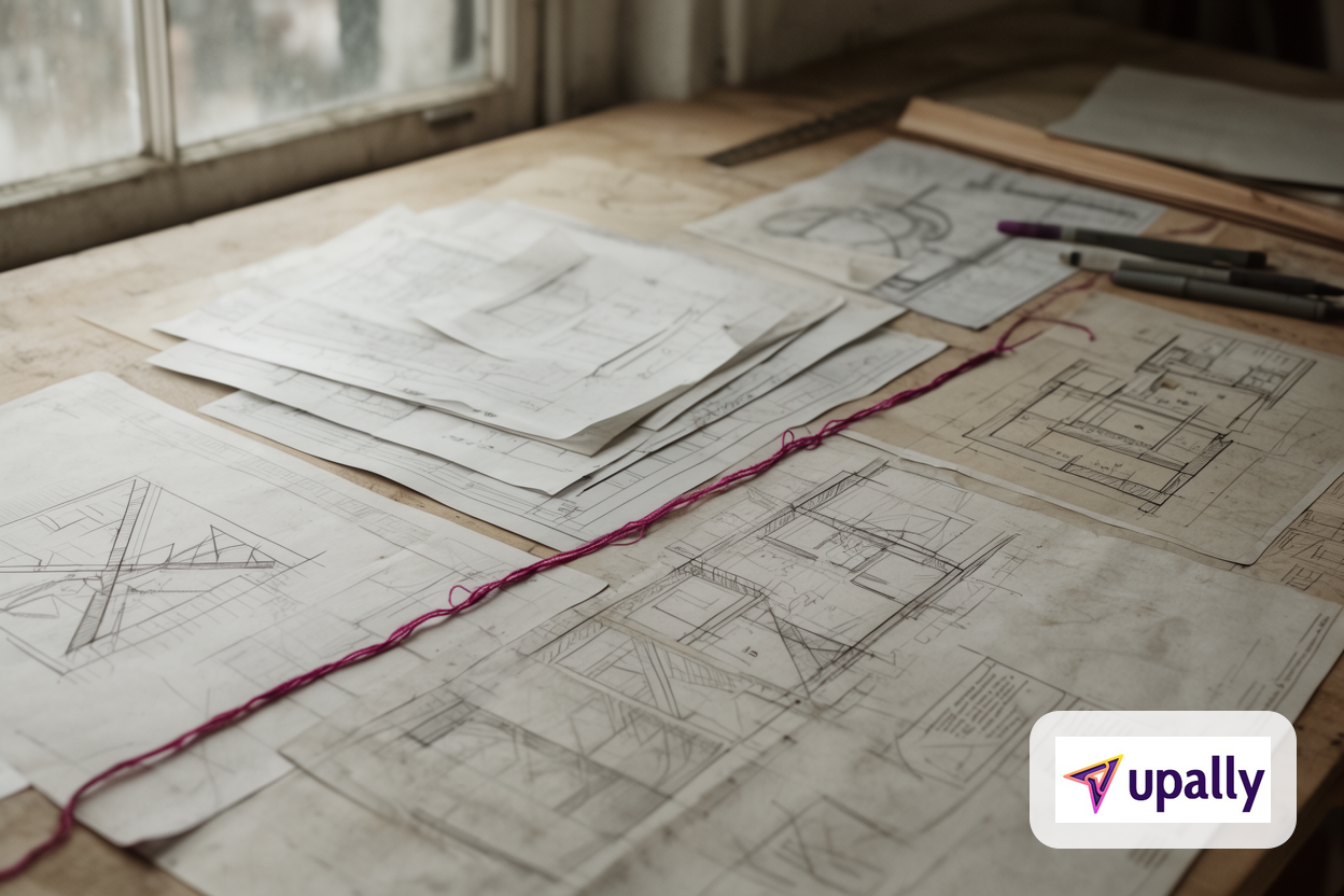 Layered architectural and design sketches on a wooden surface, illuminated by natural light.