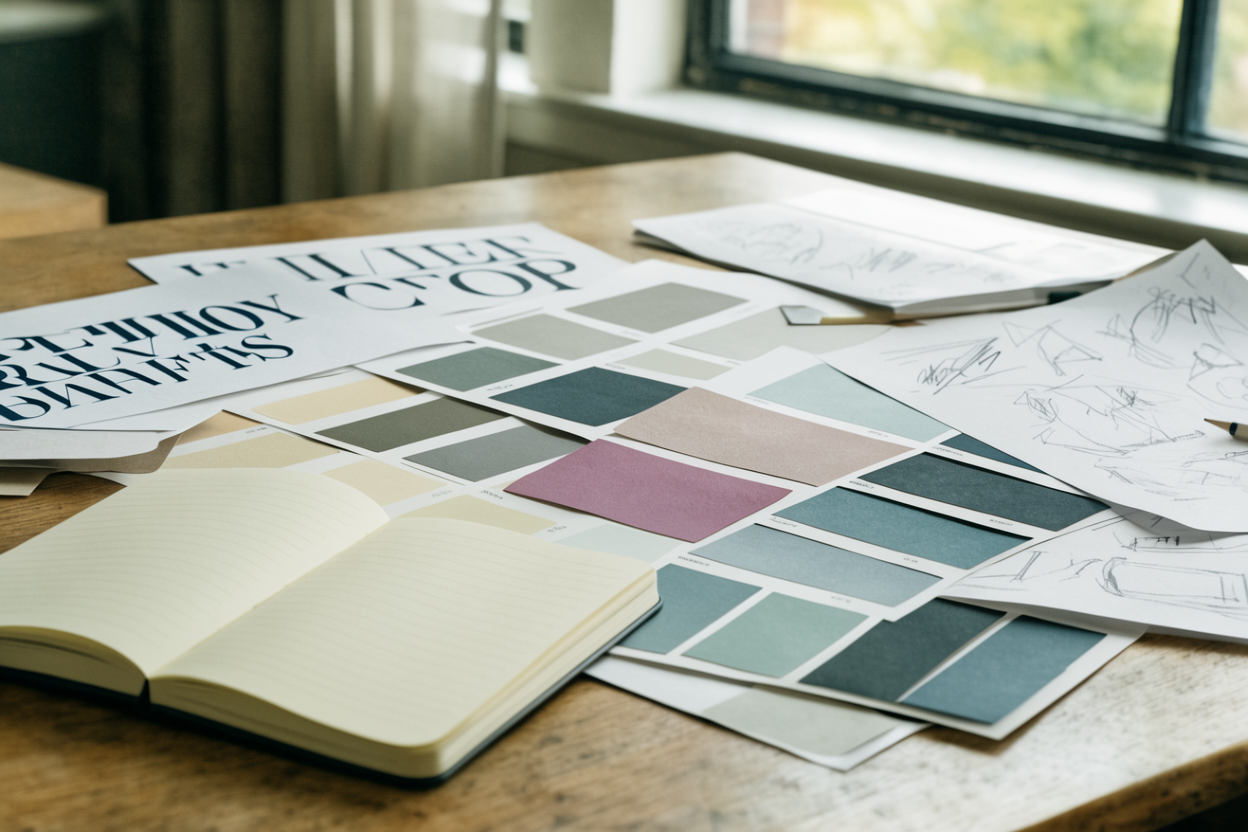 Scattered branding materials including color swatches and typography samples arranged on a work surface in natural light.