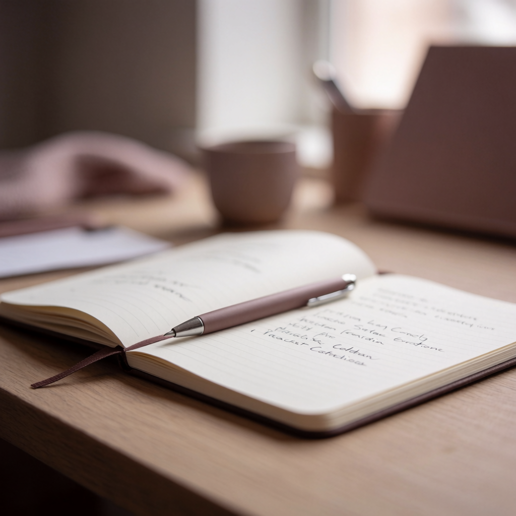 A pen rests on an open notebook with handwritten notes on a wooden desk in natural light.