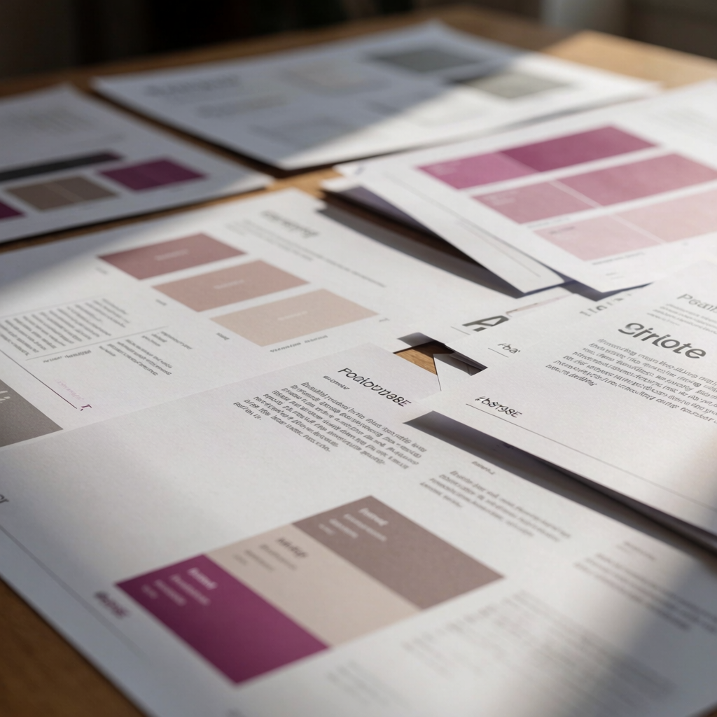 Printed brand strategy documents and positioning frameworks arranged on a wooden surface in natural light, showing layered papers and design materials.